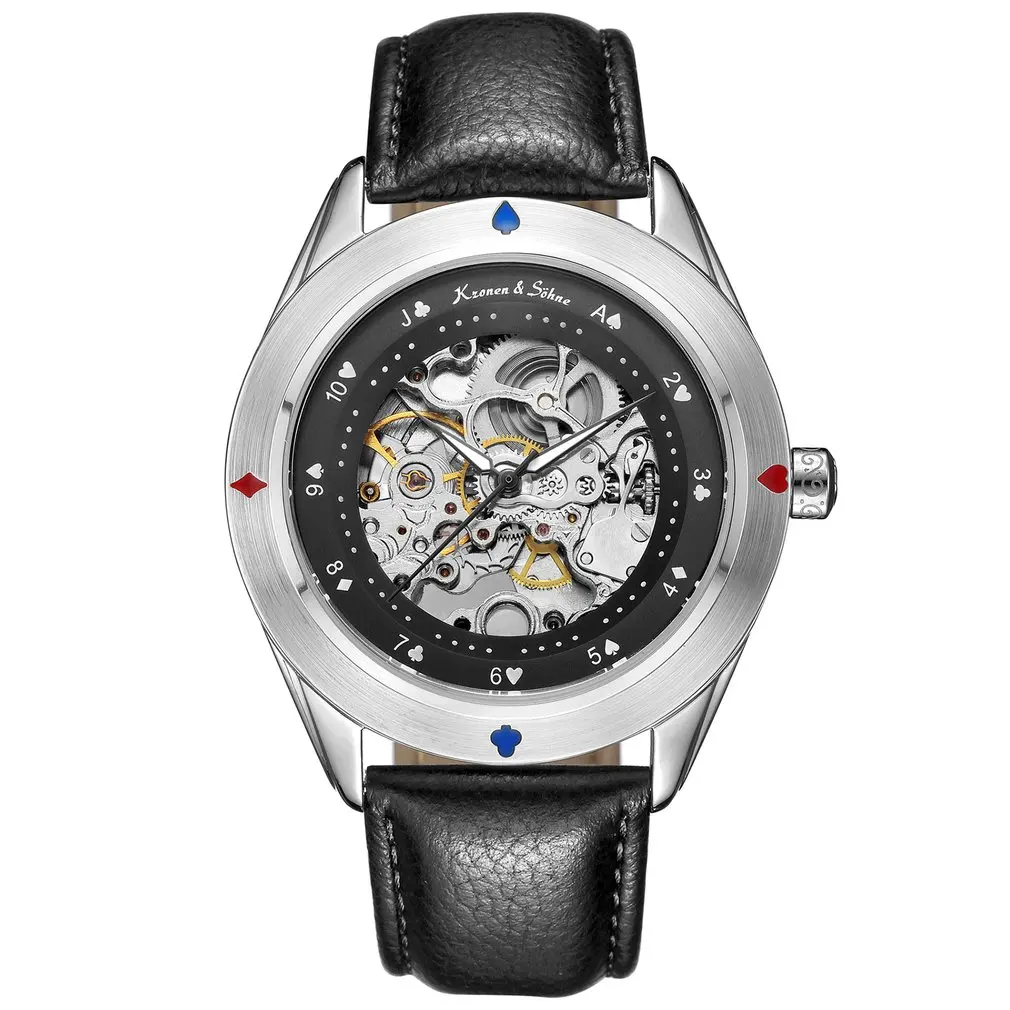 

KS Automatic Self Wind Poker Bezel Golden Steampunk Analog Male Dress Clock Men Black Leather Band Mechanical Wrist Watch /KS380