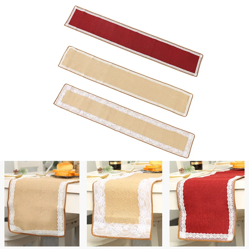 Christmas Linen Lace Trim Table Runner Tablecloth Party Dinner Home Decoration 180*30cm Hotel Restaurant Thanksgiving
