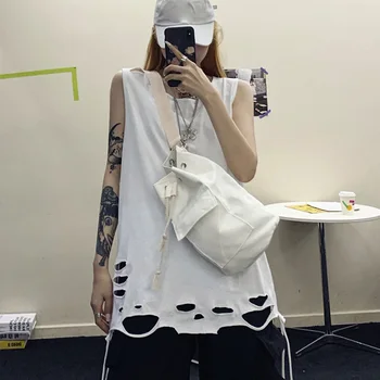 

Perforated tank top over fashion medium length loose BF sleeveless top basic bottom T-shirt summer trend