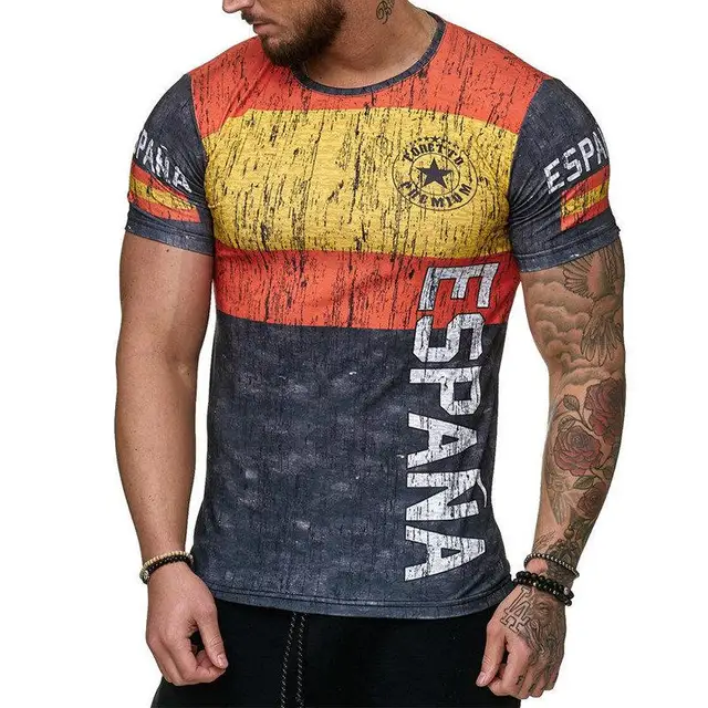 2021 Summer spain Flag Men's Casual Fashion T-shirt Round Neck Cool and Lightweight Slim Fit Muscle Man's T-shirt Fitness 1