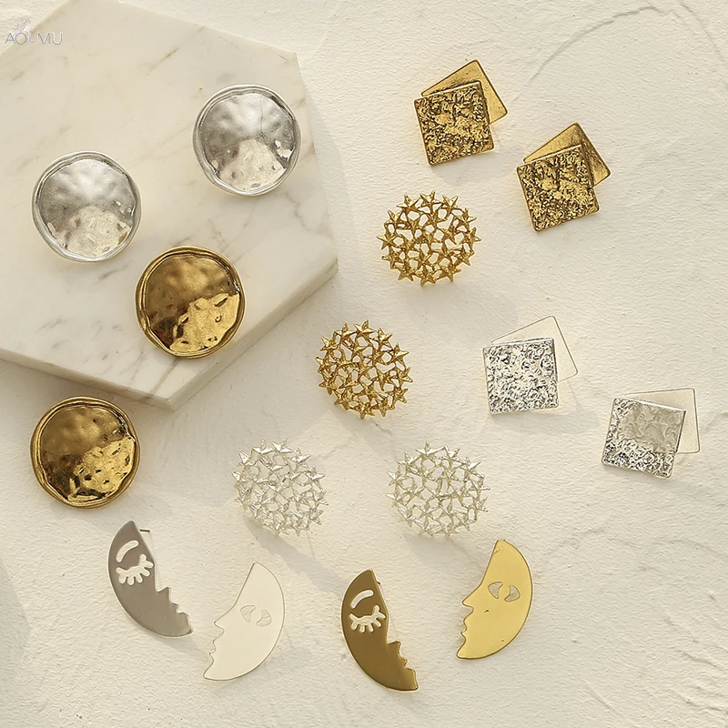 AOMU дизайн неправильная маска для лица металлический матовый геометрический дизайн, округлый, Круглый классические серьги-гвоздики для женщин модные серьги ювелирные изделия