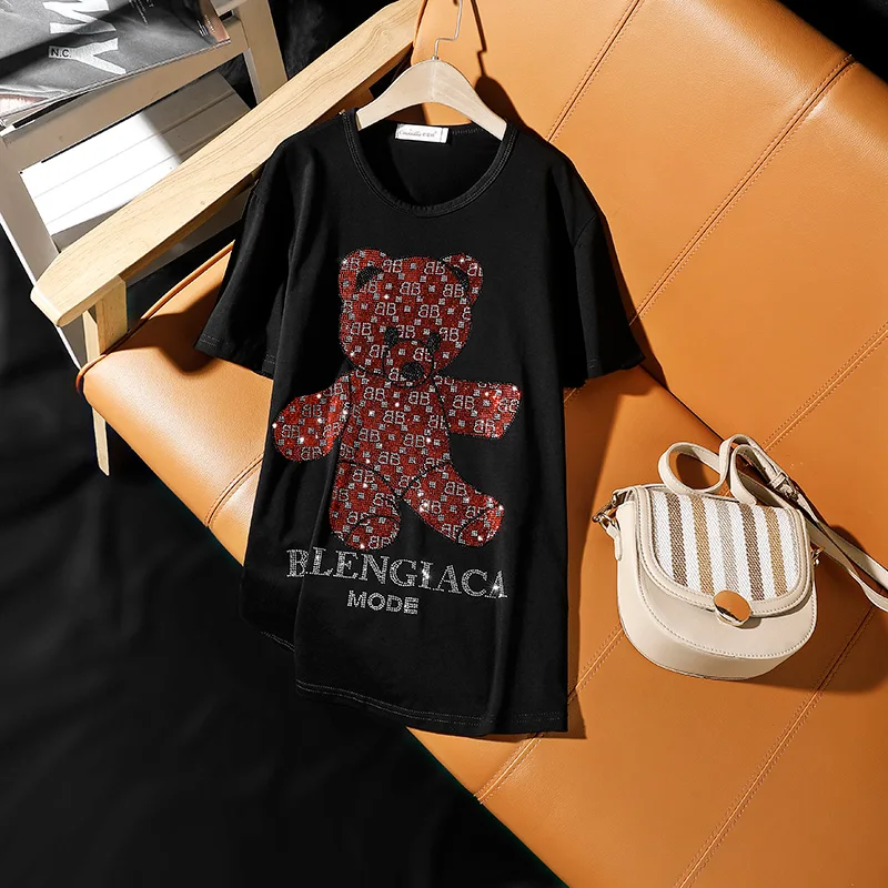 High Quality Diamond Tops Women Summer Short Sleeve T Shirt Fashion Black Hot Drilling Loose T Shirts T035|T-Shirts| - AliExpress