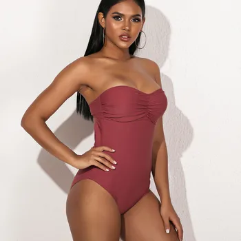 

2020 Summer Swimwear Women Solid Color Bikini One Piece Women Strapless Femininas Padded Bandeau Sexy Swimsuits