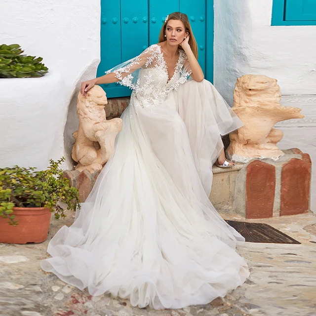 Vestido de casamento Detalhe dobrado Comprimento do chão Cabresto Sem véu