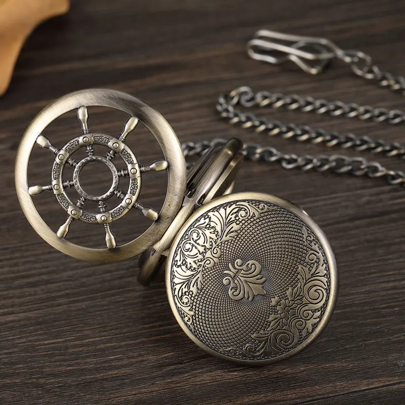 double-cave Bronze Boat Rudder Mechanical Pocket Watches for Men Hollow Steampunk Skeleton Pocket Watches Male Gifts Reloj De Bolsillo - Цвет: double-cave