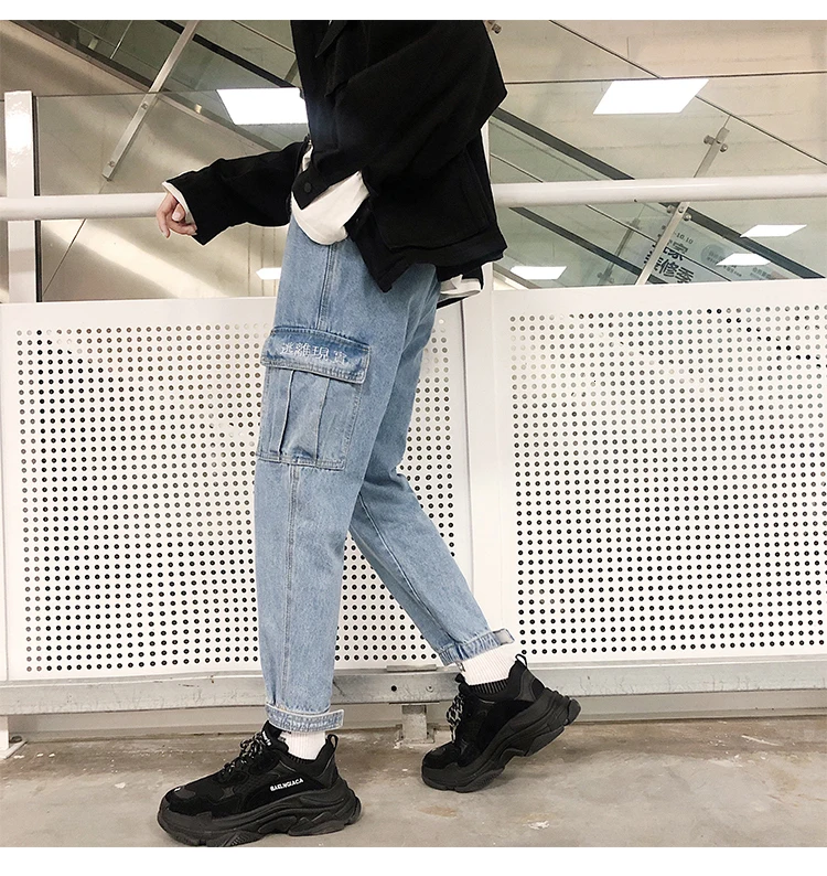 Autumn Jeans Men's Slim Fashion Embroidery Casual Jean Pants Men Streetwear Hip Hop Multi-pocket Tooling Denim Trousers Mens