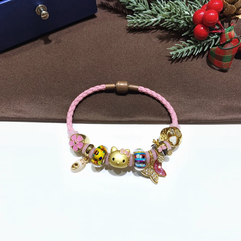 Розовый браслет Hello Kitty с подвеской бабочкой и тыквой|Плетеные браслеты| |