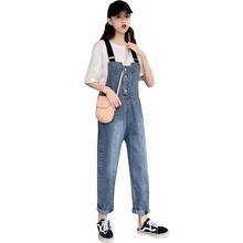 Новые джинсы для женщин, весенние джинсы, винтажные джинсовые комбинезоны с большими карманами, Свободные Комбинезоны с высокой талией, однобортный джинсовый комбинезон