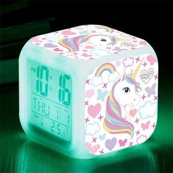 Reloj despertador de unicornio para niños, reloj Digital LED con luz cambiante de 7 colores, despertador de Reloj de escritorio brillante para niños, regalo para niños