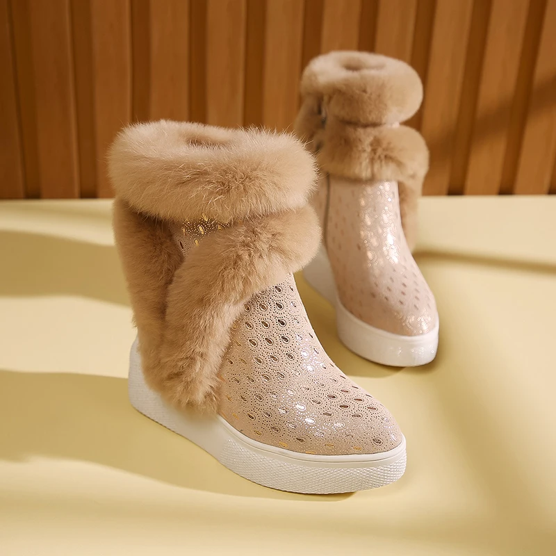 

Winter Snow boots women Cow suede + Rex rabbit hair ankle boots 22-25 cm ankle boots for women Printed psoriasis increased boots