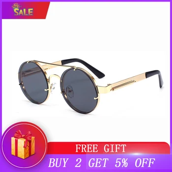 

New Metal Steampunk Sunglasses Women Round Retro Fashion Mirror Glasses Brand Designer Frame Vintage Sun Glasses zonnebril dames