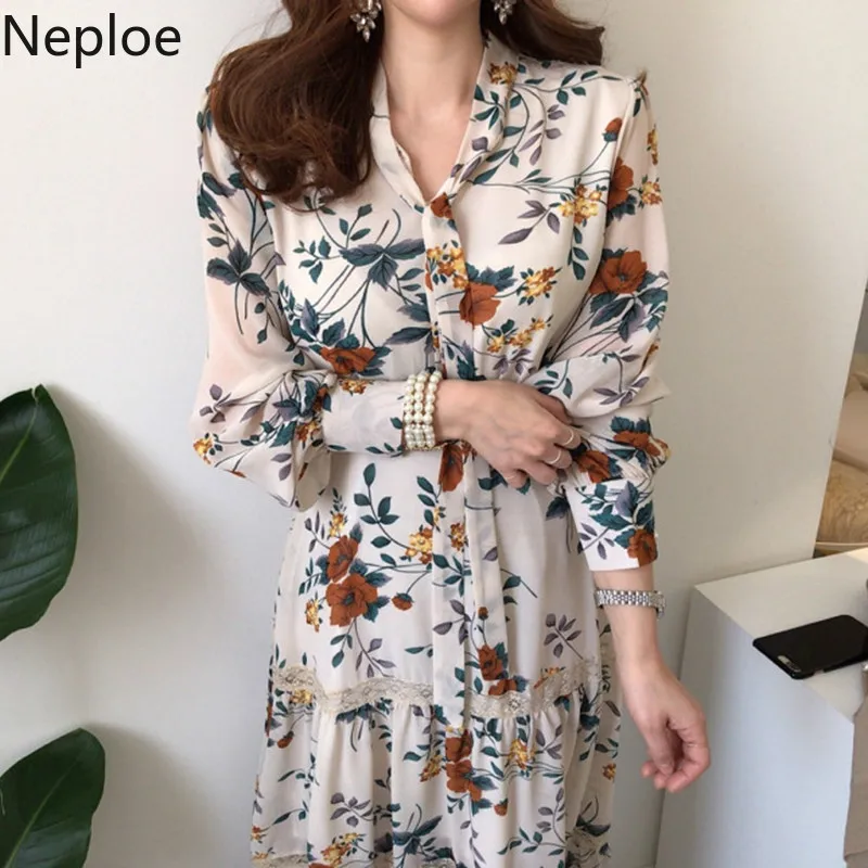 Женское платье с цветочным принтом Neploe элегантное кружевное лоскутное v-образным