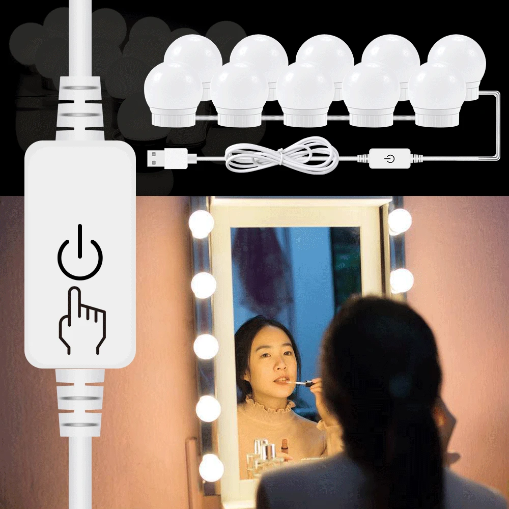 

USB Port LED Makeup Light Vanity Mirror Bulbs Touch Switch 2 6 10 14pcs Dimmable Light Bulbs 12V Wall Lamp For Dressing Table