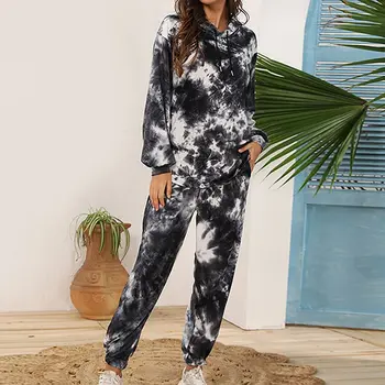 

New Tie Dye Printed Women Pajamas Set Hooded Long Sleeve Tops and Long pants pijamas feminino Nightwear Casual Sleepwear 2020