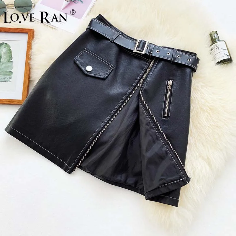 

With Belt PU Leather Short Skirts Women Irregular Zipper High Waist A-line Pencil Skirt 2020 Autumn Winter Women's Black Clothes