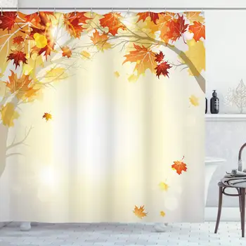 

Fall Shower Curtain, Soft Image of Faded Shedding Fall Leaves from Tree Motion in Nature Concept Print, Cloth Fabric Bathroom