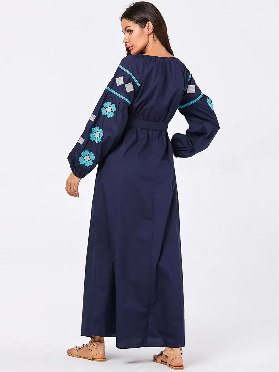 Арабский abaya модное женское длинное платье с вышивкой блуза с поясом мусульманский кафтан jilбаб Повседневная Исламская одежда осень длинный рукав
