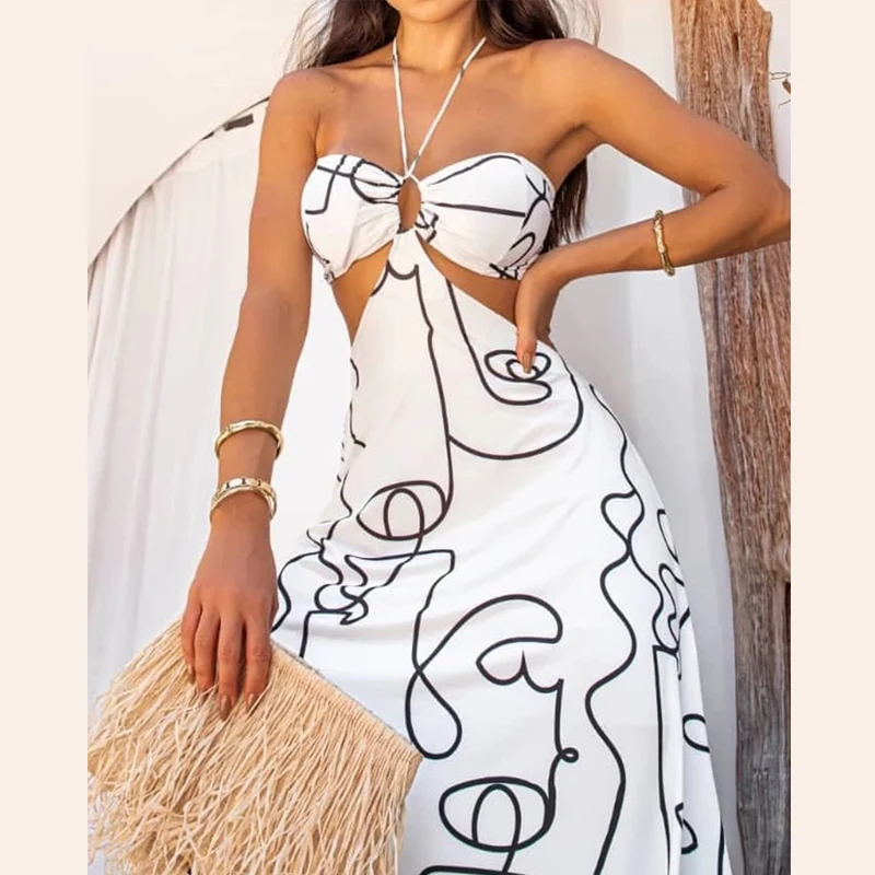 LIYONG Print Sexy Maxi Dress Women Backless Halter Summer Beach Dresses Hollow Out Sleeveless Loose Elegant Party Vestidos 2022