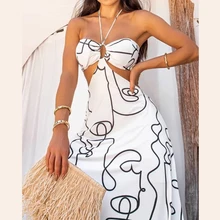 

LIYONG Print Sexy Maxi Dress Women Backless Halter Summer Beach Dresses Hollow Out Sleeveless Loose Elegant Party Vestidos 2022