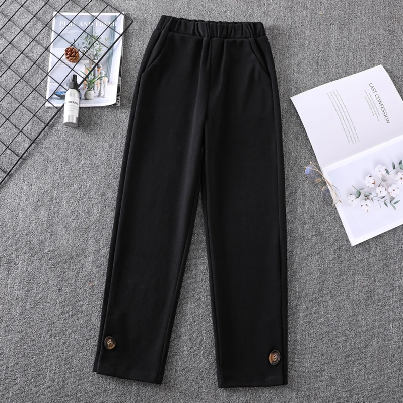 

Winter Elastic Waist Splittable With Buttons Woolen Women's Pants High Waist Harem Cusaul Ankle Length Pant Mujer Thinck Lager