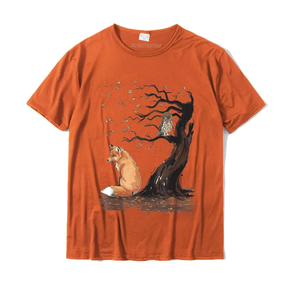 Group Casual T Shirt for Men Prevalent Summer Autumn O-Neck Pure Cotton Short Sleeve Top T-shirts Custom Tee-Shirts Fox and Owl on the Tree Animal Lover Cute autumn leaves T-Shirt__MZ15938 orange