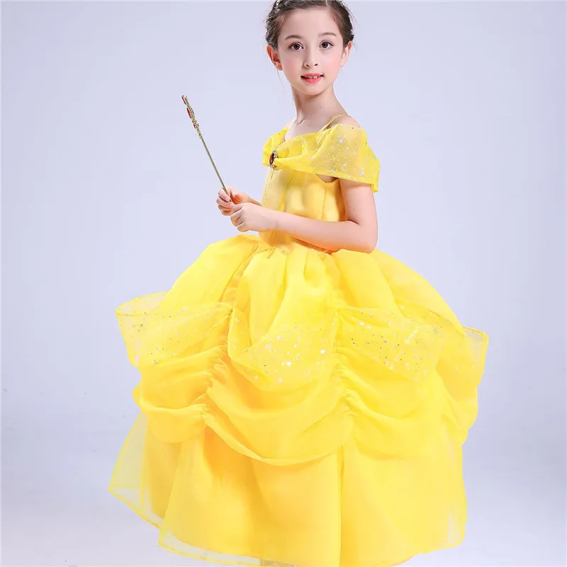 Newest Kid Girl Princess Belle Cosplay Dress Halloween Christmas Party Costume Belle Princess Shoulderless Dresses 4-10Y