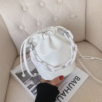 

Solid Color PU Leather Mini Bucket Bags Female Crossbody Bags 2021 Summer Women Travel Chain Shoulder Handbags White