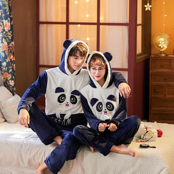 

Unisex adult couple pajamas men winter sleepwear 2pcs warm flannel pajamas animal cartoon cute home clothes Hooded pijama mujer