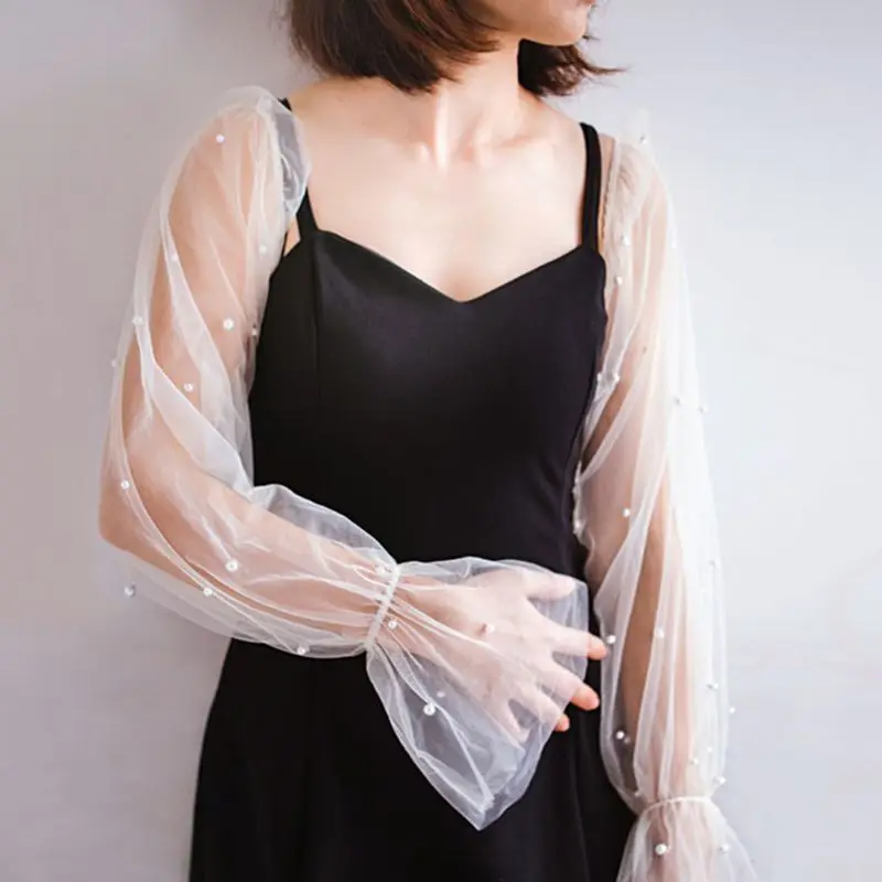 

Korean Women Elegant Lace Detachable Elastic False Long Puff Sleeves Imitation Pearl Beaded Decorative Sunscreen Loose Arm Cover