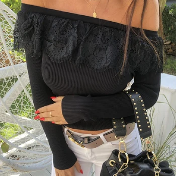 

Slash Neck Sexy Tops Women Lace Off Shoulder Blouses Woman 2019 Winter Fashion Long Sleeve Female Knit Black Pullover White D30