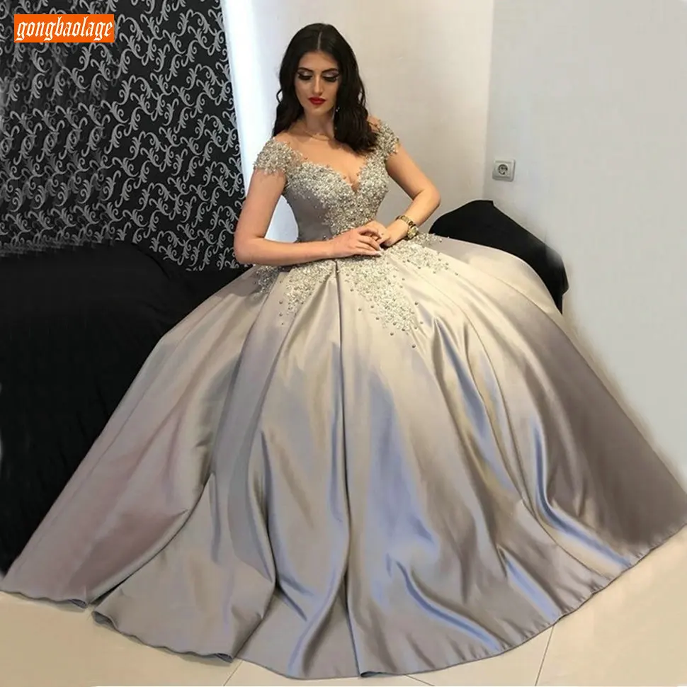 

Fashion Gray Ball Gown Evening Dresses Long Appliqued Beaded Custom Made Formal Dress Party Satin Banquet Beach Evening Gowns