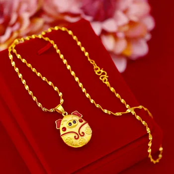 

Korean Fashion 14k Gold Pendant Necklace for Women Jewelry Happy Golden Pig Zodiac Necklace Choker Chain Clavicle Birthday Gift