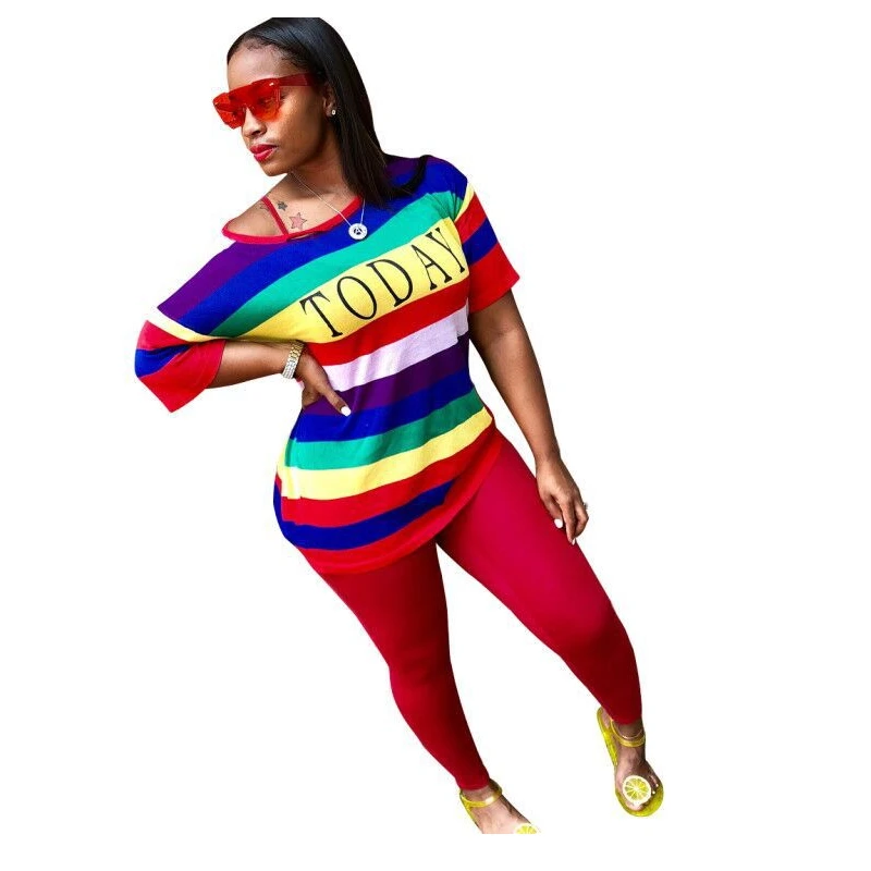 

Letter Rainbow Striped Printed Pullover Oversized Loose Red Long Pants 2 Piece Set Women Casual Hip Hop Sweat Suit Multicolor