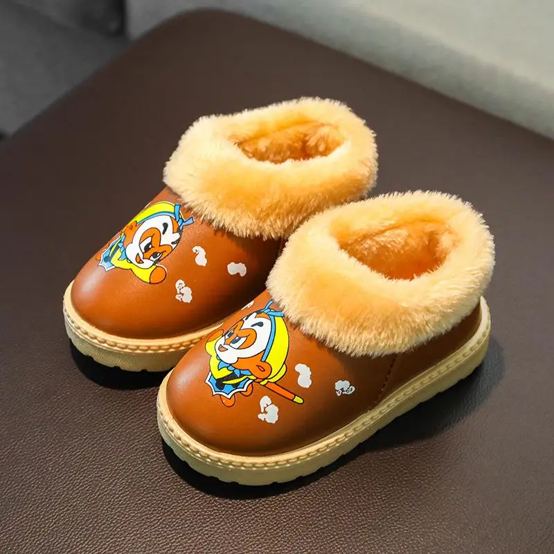 Зимние тапочки для мальчиков; детская обувь для человека-паука; ПУ; водонепроницаемые плюшевые теплые хлопковые домашние тапочки для девочек с героями мультфильмов; домашние тапочки для малышей - Цвет: Brown Monkey