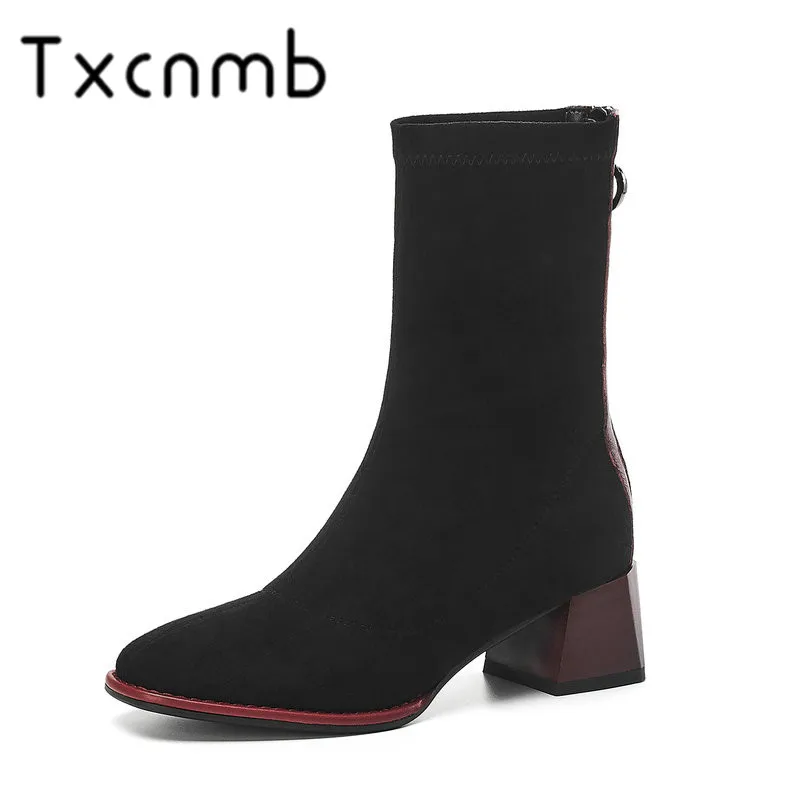 

TXCNMB Boots Women mid-calf Boots Autumn Winter Quality Cow Suede Leather Short Slip-on Motorcycle Boots Party Shoes Woman
