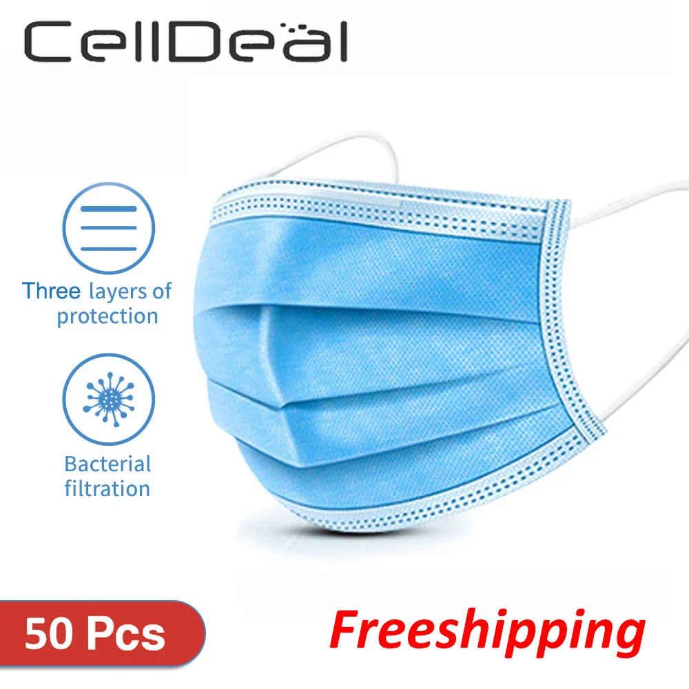 

CellDeal 50 PCS 3 Layers Daily Protect Mask Dust-Proof Safety Masks Protective Face Mouth Masks Facial Unisex Cotton Microfiber