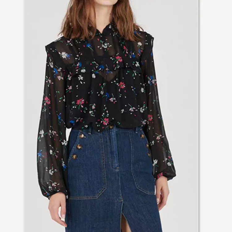 

Women Shirt 2019 Autumn and Winter New Print Ruffled Top