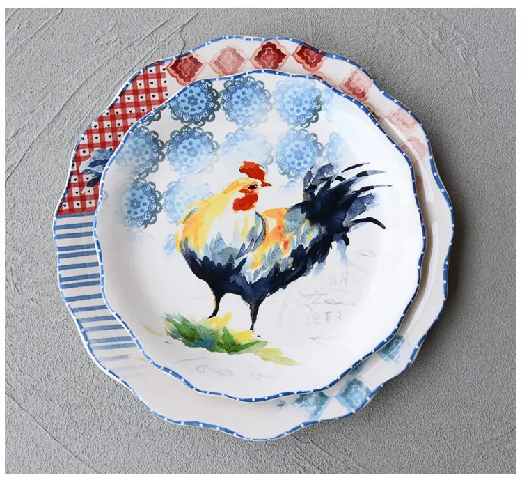 Idyllic style hand-painted rooster ceramic dish tableware Western flat plate steak salad snacks snacks dessert cake storage tray