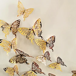 Set of 12 Elegant 3D Metallic Butterfly Wall Stickers (D-gold)