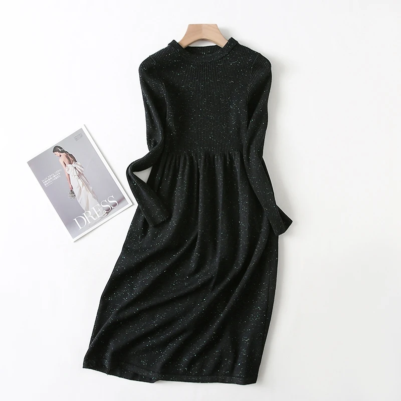 Tangada женское винтажное Золотое трикотажное черное платье стрейч с круглым вырезом и длинным рукавом женское вязаное платье миди YU63 - Цвет: Черный