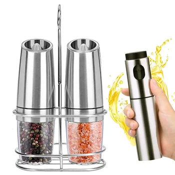 

Stainless Steel Pepper Mill Electric Salt and Pepper Grinder + Oil Spray Bottle Set,with LED Light Kitchen Cooking Spice Grinder