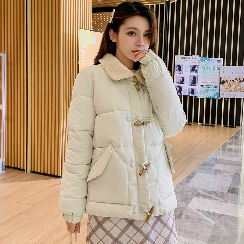 

Winter Cotton Padded Short Jacket Coat Faux Lambs Wool Fur Collar Cute Horn Button Warm Overcoat Casual Loose Outwear