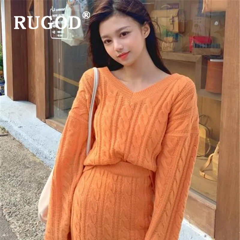 RUGOD корейский стиль Тонкий облегающий милый вязаный пуловер с v-образным вырезом Женский твист узор простая юбка зимние комплекты для женщин