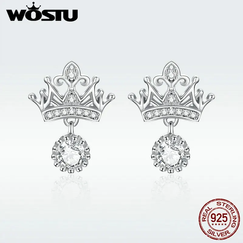 

WOSTU 100% 925 Sterling Silver Stud Earrings Shining Crown Zircon Earrings For Women Wedding Korean Style Jewelry BNE244