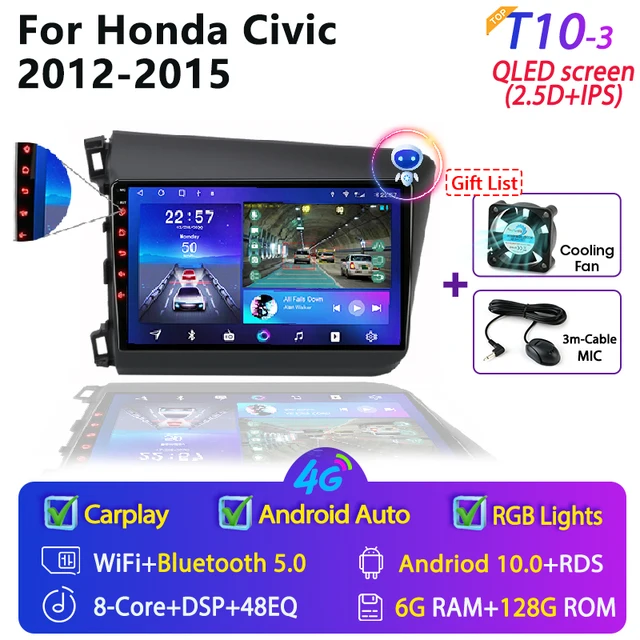 For Honda Civic 2012-2015 Android Car Radio 2 Din GPS navigation Multimedia Video Player RDS DSP 4G DVD Screen Floating stereo T10-3 6G 128G