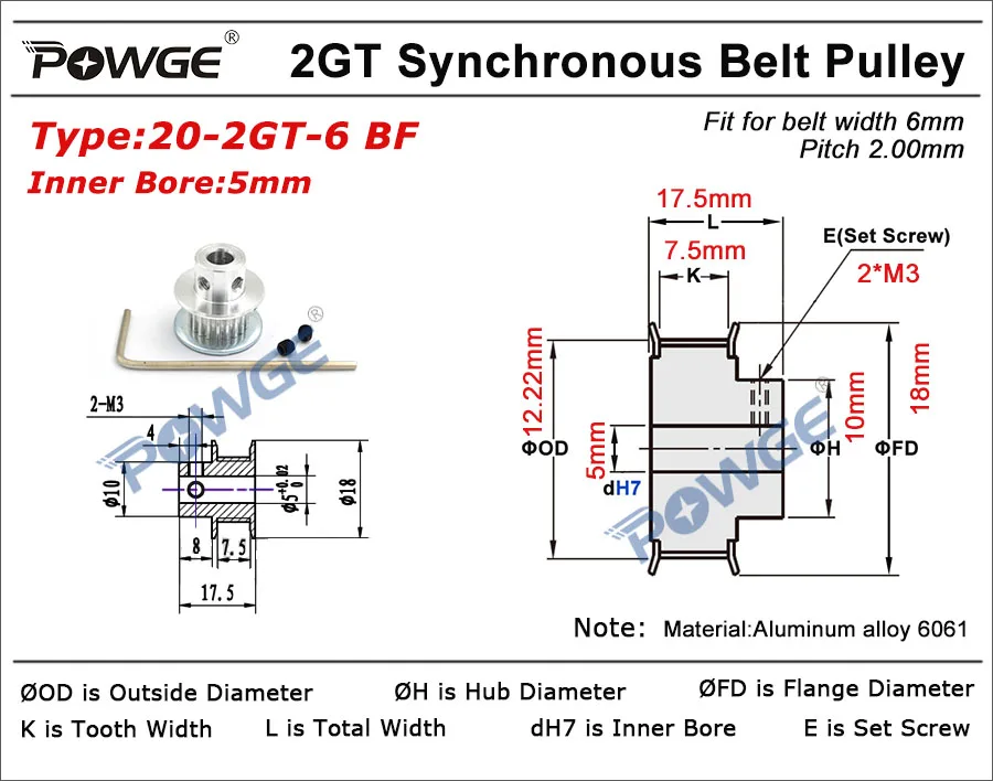 POWGE GT 20 зубьев 2GT 2 м Синхронный зубчатый шкив диаметр 5 мм без большой концентратор для 2MGT GT2 Ширина ремня 6 мм 20 зубьев 20 т VORON