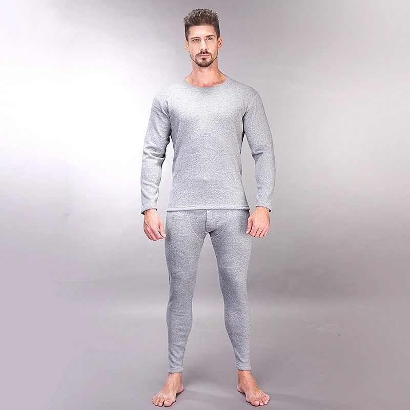 light gray Зимнее теплое нижнее белье, комплекты для мужчин, молодежная одежда из чистого хлопка, утолщенная толстовка, мужские комплекты из двух предметов, топ и штаны - Цвет: light gray