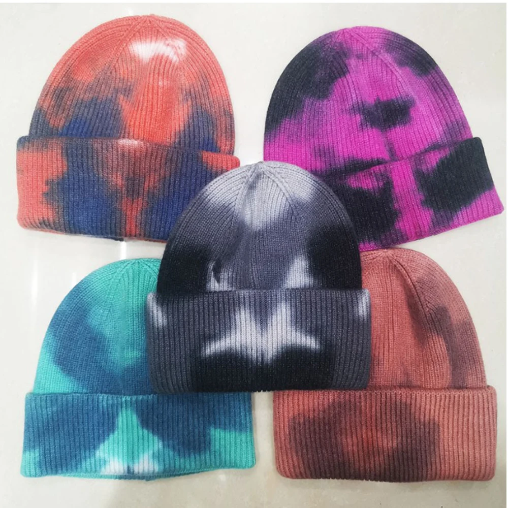 

Fashion Tie Dye Cotton Ribbed Beanies Hats And Caps For Women Men Autumn Winter Knit slouch Hats Plain Skull Cap Bonnet