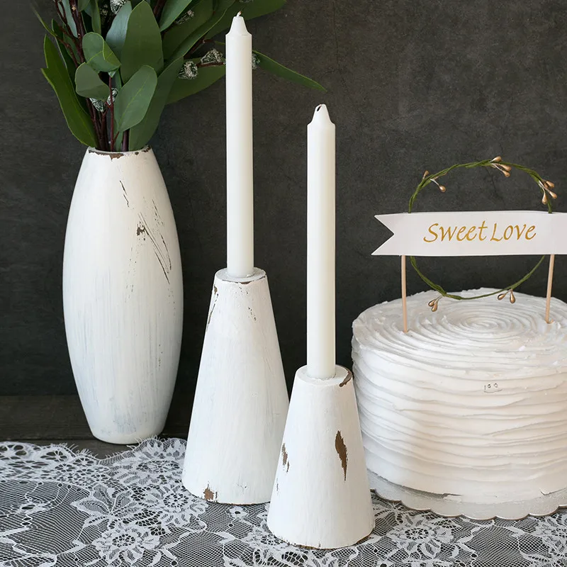 

Tobs vintage white wood candle holders home decorative dessert table wood craft pillar stick holder not include candles