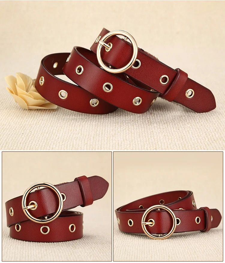 ZLD Vintage Ladies Girl Metal Boho Pure Leather Round Buckle Belt Fashion Belt Black Red Coffee Camel Openwork pin buckle belt